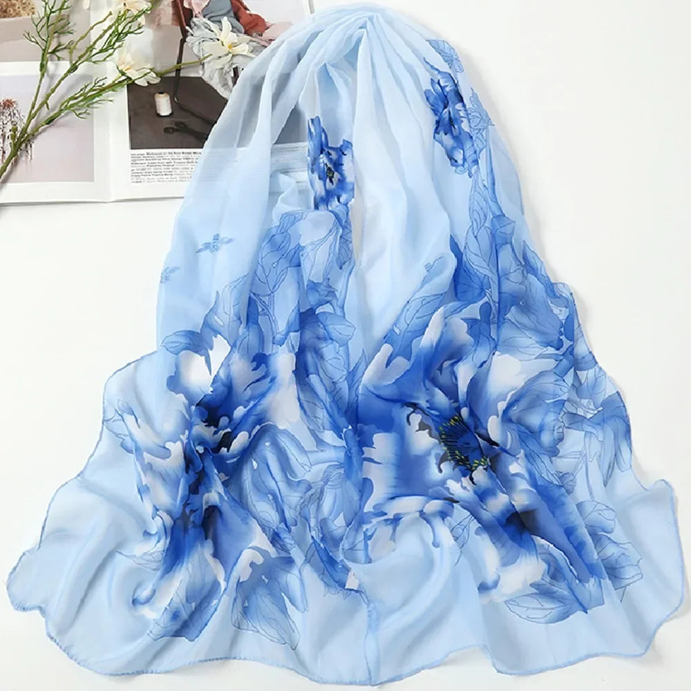 Elegant 160*50cm Chiffon Scarf Sunscreen Gradient Shawl Silk Flower Print Washable Beach Gauze Scarf for Women Oasis Select 16