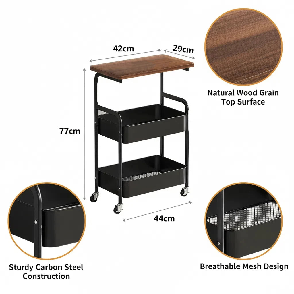 Heavy Duty Steel Rolling Storage Cart with Locking Wheels Multi Tier Utility Organizer for Kitchen Office Dorm Bathroom Bedroom Oasis Select black