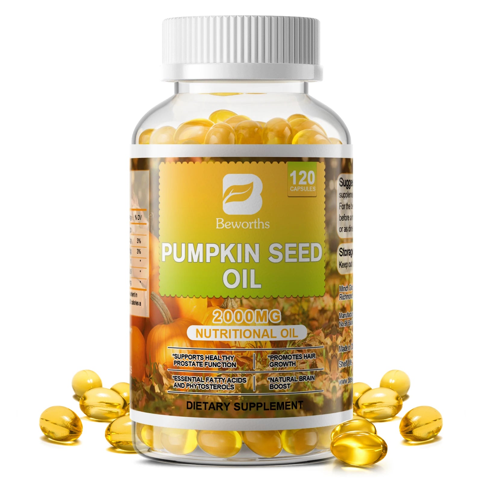 BEWORTHS 2000MG Pumpkin Seed Oil Capsules for Prostate Urinary Function & Cardiovascular Health Hair Growth Boost Metabolism Oasis Select
