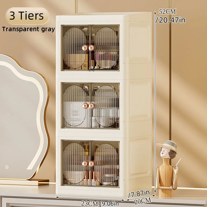 Foldable Desktop Makeup Organizer Multi-Layer Storage Cabinet Large Capacity for Cosmetics Toiletries Books Oasis Select 3 Layers Black