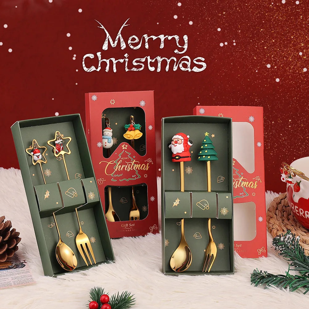 Christmas Spoon Set Santa Doll Cutlery Set Cute Dessert Spoons Holiday Tableware Two Piece Set for Christmas Gift Decoration Oasis Select