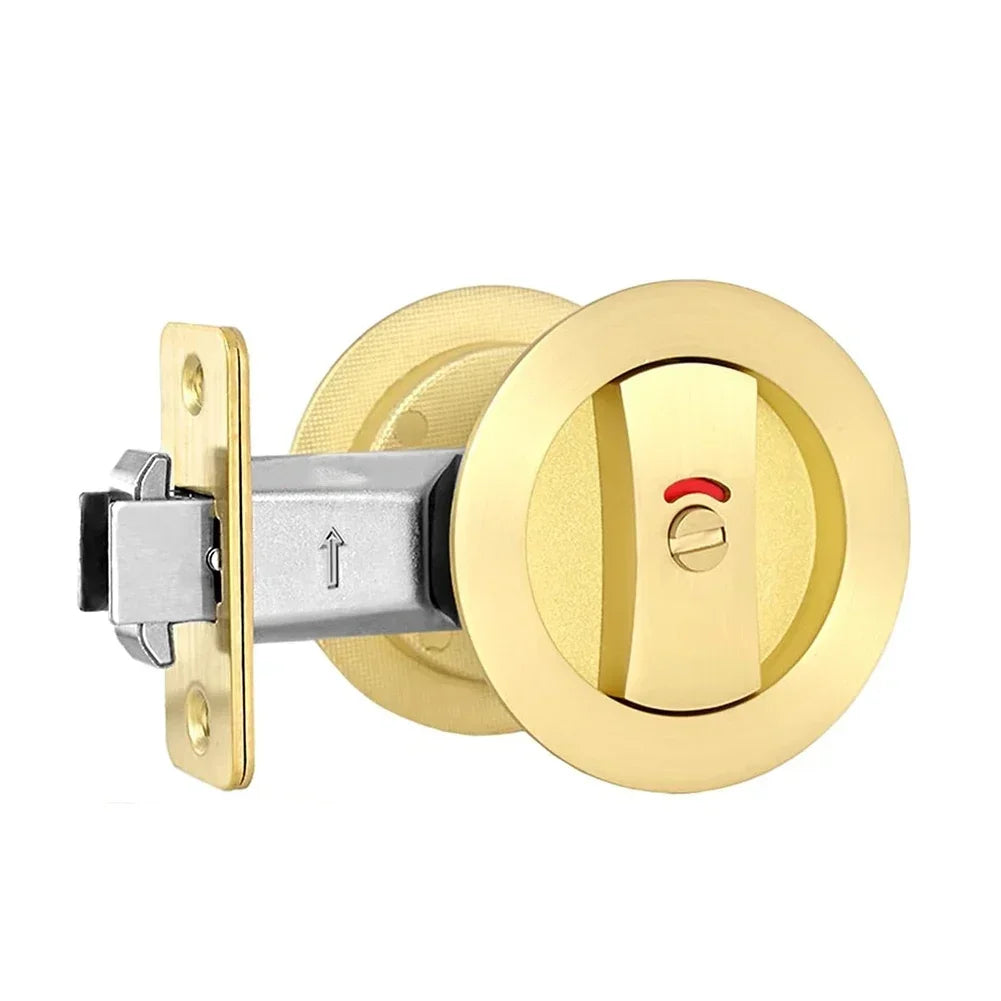 Flush Pocket Door Lock Zinc Alloy Gold Color with Privacy Indicators Contemporary Round Design for Residential Doors Oasis Select
