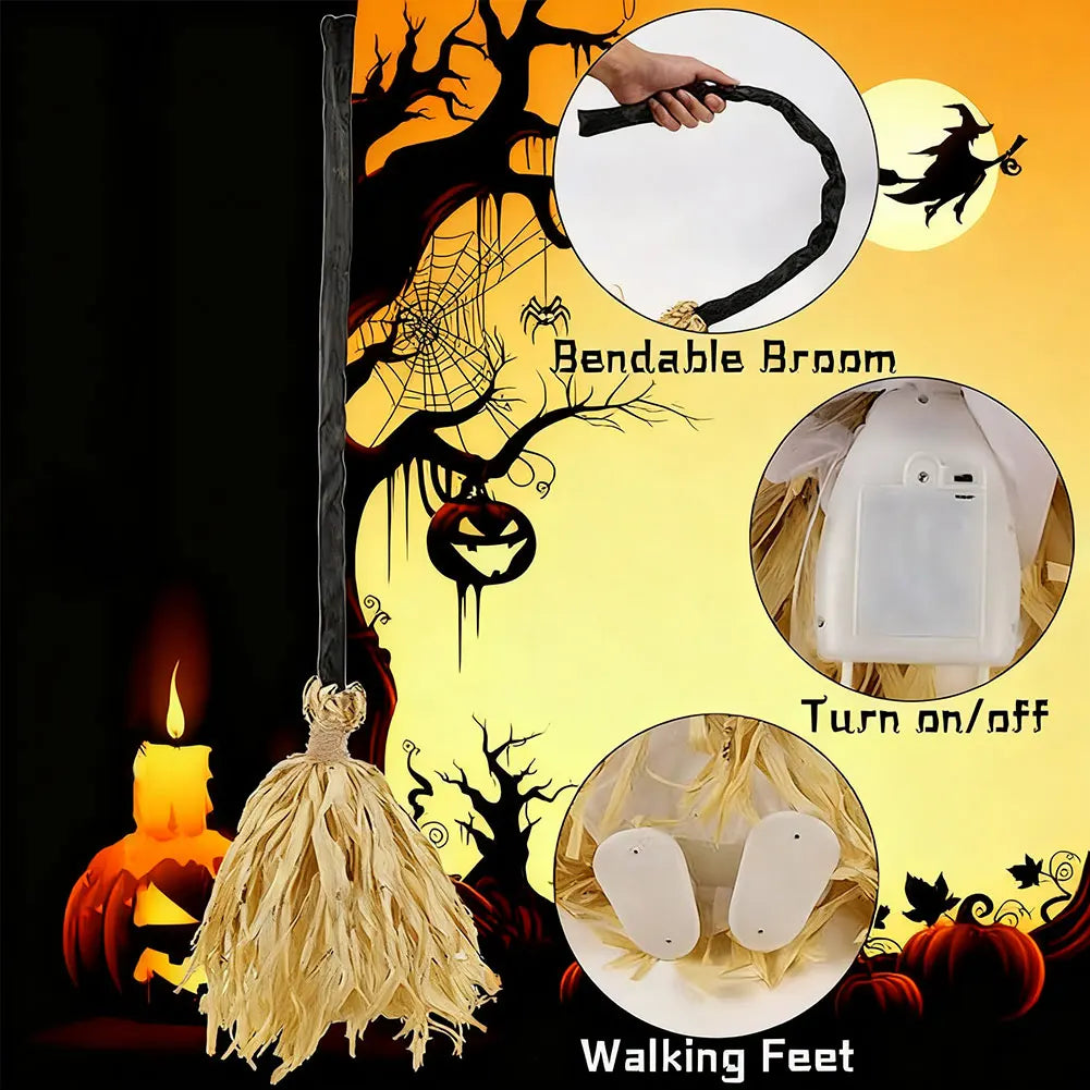 Animated Floating Witch Broom – Light-Up Halloween Decoration