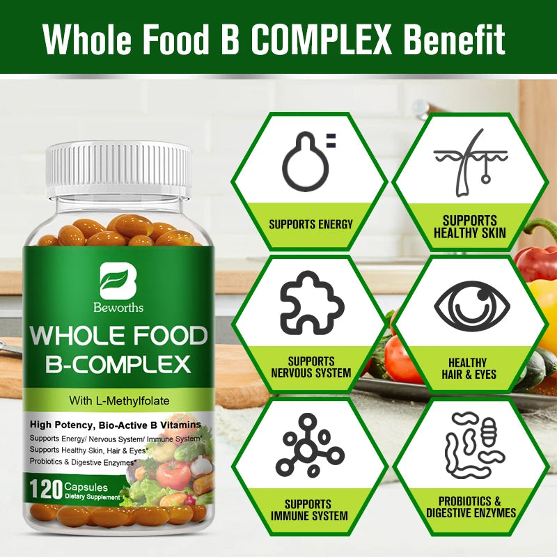 BEWORTHS Vitamin B Complex Capsules B1,B2,B3,B5,B6,B7,B12 Whole Food Supplement for Stress, Energy and Immune Support Non-GMO Oasis Select