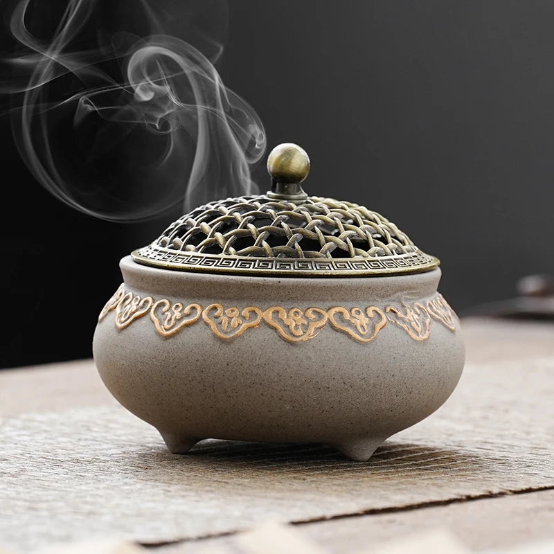 Hollowed-out Tea Ceremony Incense Burner Household Indoor Ceramic Antique Zen Aromatherapy Stove Incense Holder Oasis Select Beige