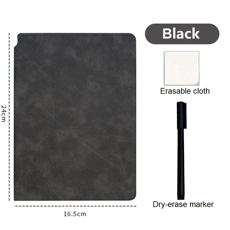 1 Pcs Reusable Whiteboard Notebook Set With Whiteboard Pen Erasing Cloth Leather Memo Pad Weekly Planner Portable Stylish Office Oasis Select Black
