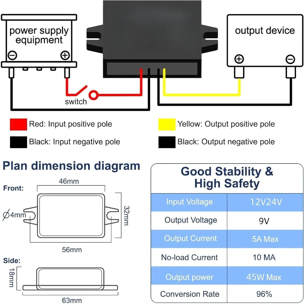 DC-DC 9V Step-Down Adapter 12V 24V To 9V 5A 45W Buck Converter Waterproof Car Mounted For Vehicles Safety Systems LED Products Oasis Select
