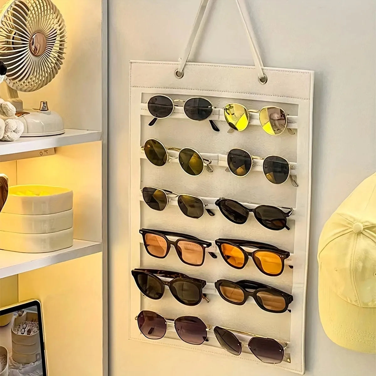 1pc,Rice white glasses storage bag, sunglasses storage bag, sun visor display rack, scratch resistant mirror surface Oasis Select