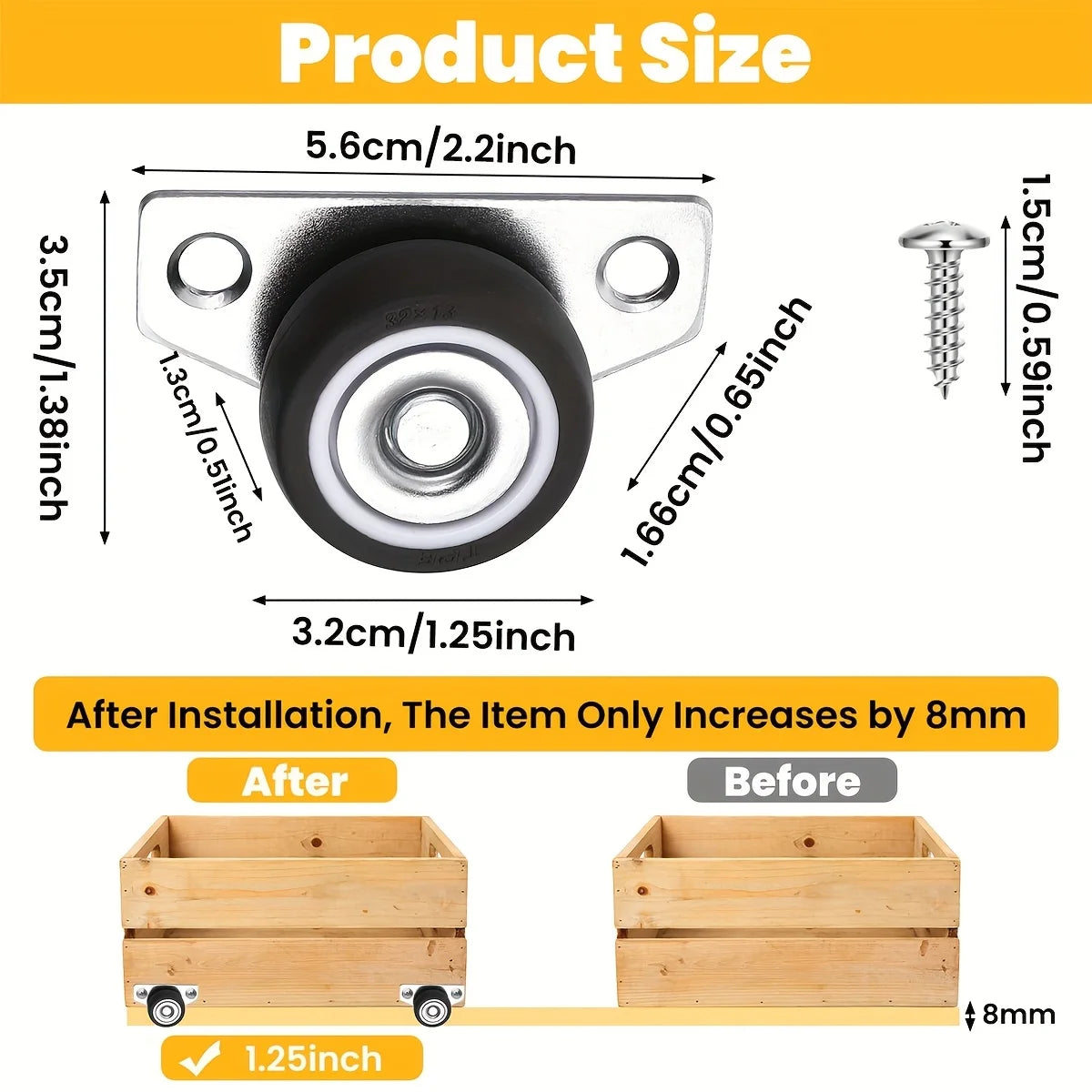 2/4pcs side mounted casters, 1.25 inch small wheels for furniture, drawers, trays, DIY projects, non-rotating, with two screws Oasis Select