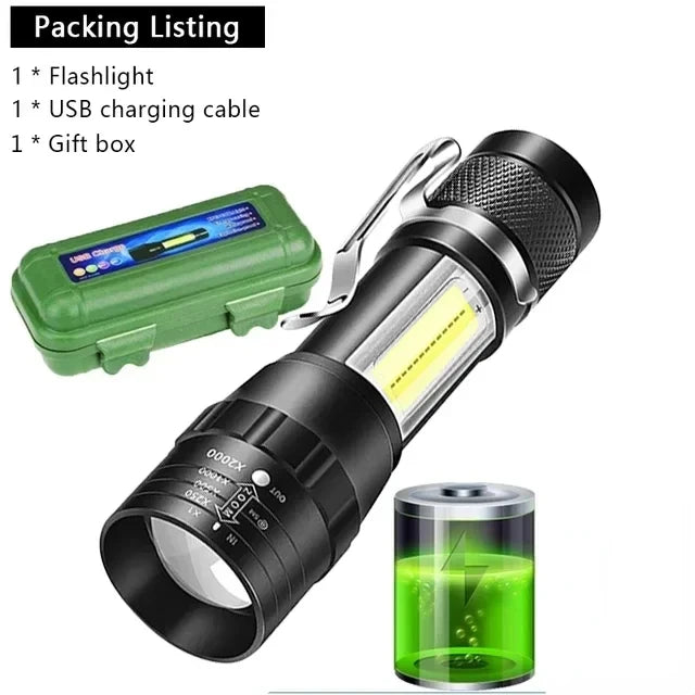 KDULIT Mini Portable Flashlight COB+XPE Zoomable Torch USB Rechargeable Outdoor Camping Fishing Long Range Emergency Lantern Oasis Select 1pc With Box