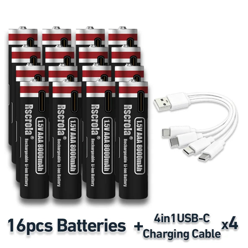2026 New 1.5V AAA Rechargeable Li-Ion Battery 8000mAh Type-C Fast Charging for Smart Home, Toys, Shavers, Mouse, Flashlights Oasis Select 16 PCS AAA Batteries 1.5V
