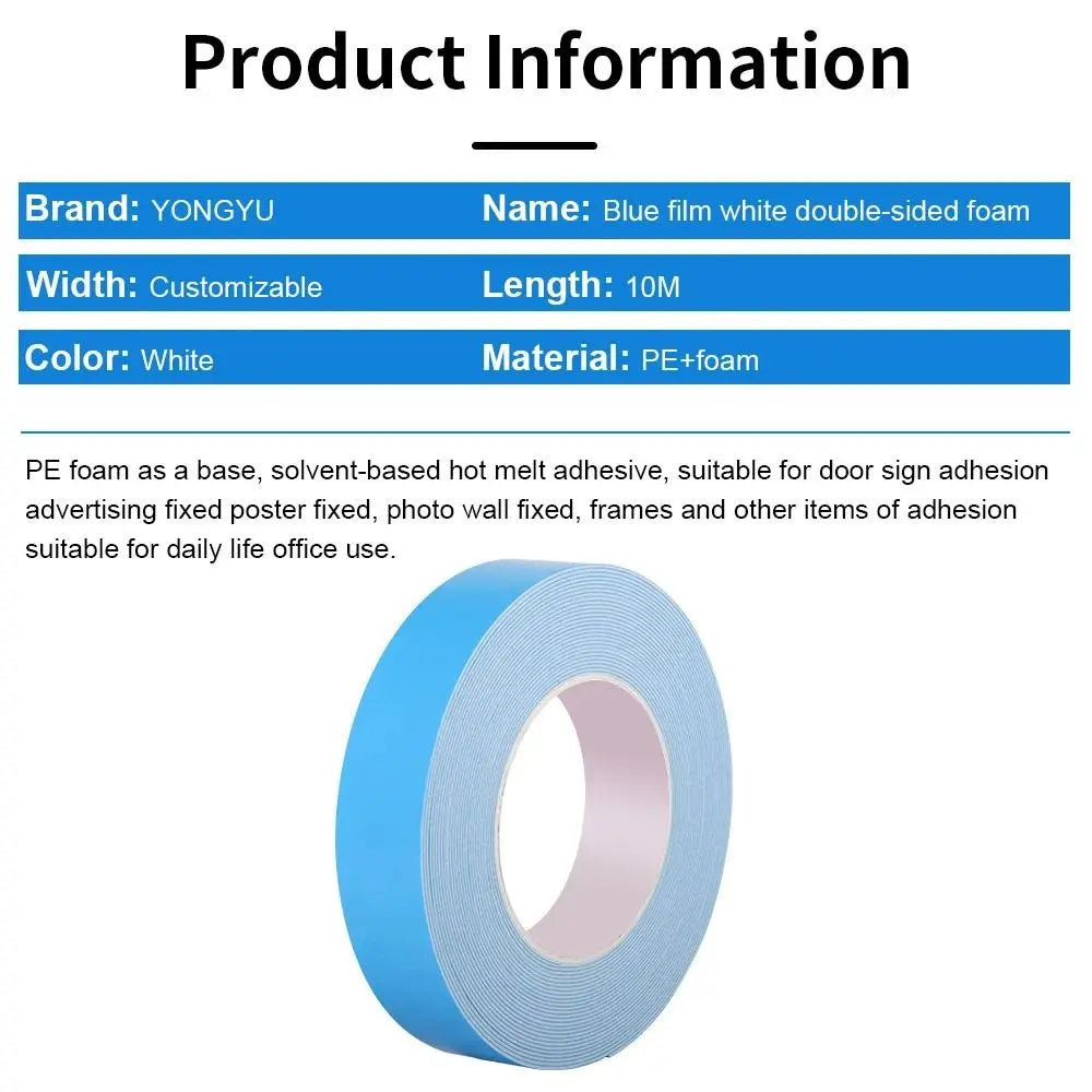 10Meters/Roll Blue Film White Double Sided Tape Strong Self Adhesive Multifunctional PE Foam Tape Sponge Strip Oasis Select