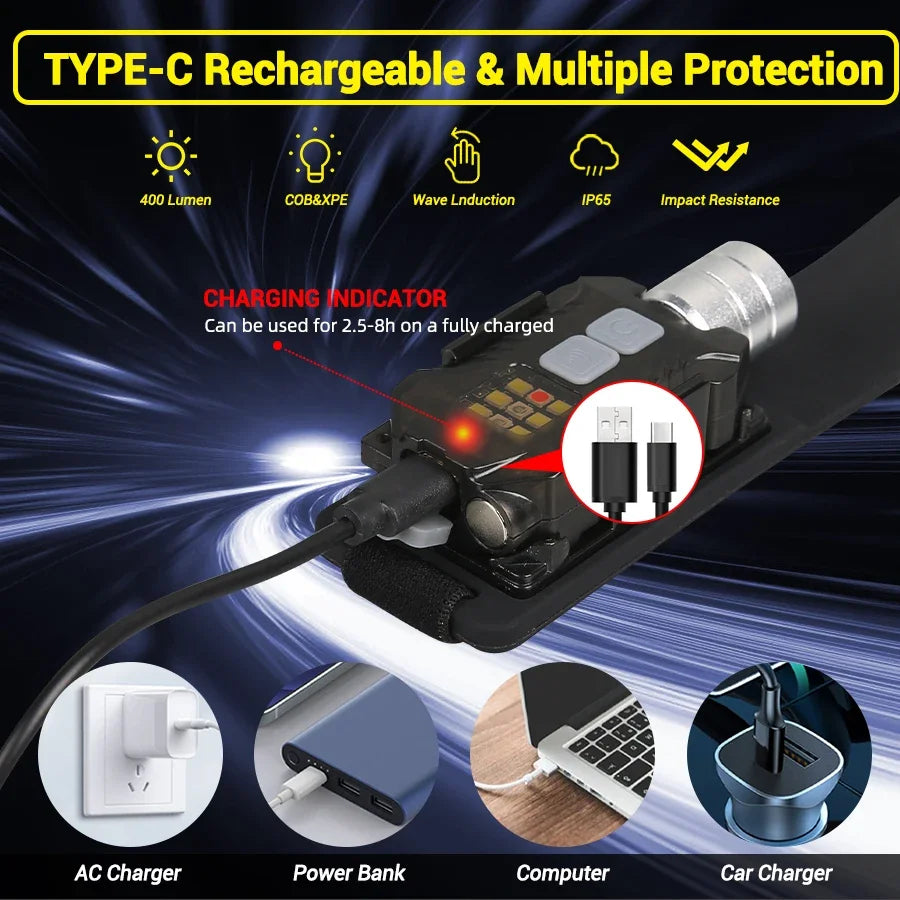 Induction COB LED Headlamp USB Rechargeable Headlight with 9 Lighting Modes Outdoor Camping Fishing Lantern Working Light Lamp Oasis Select
