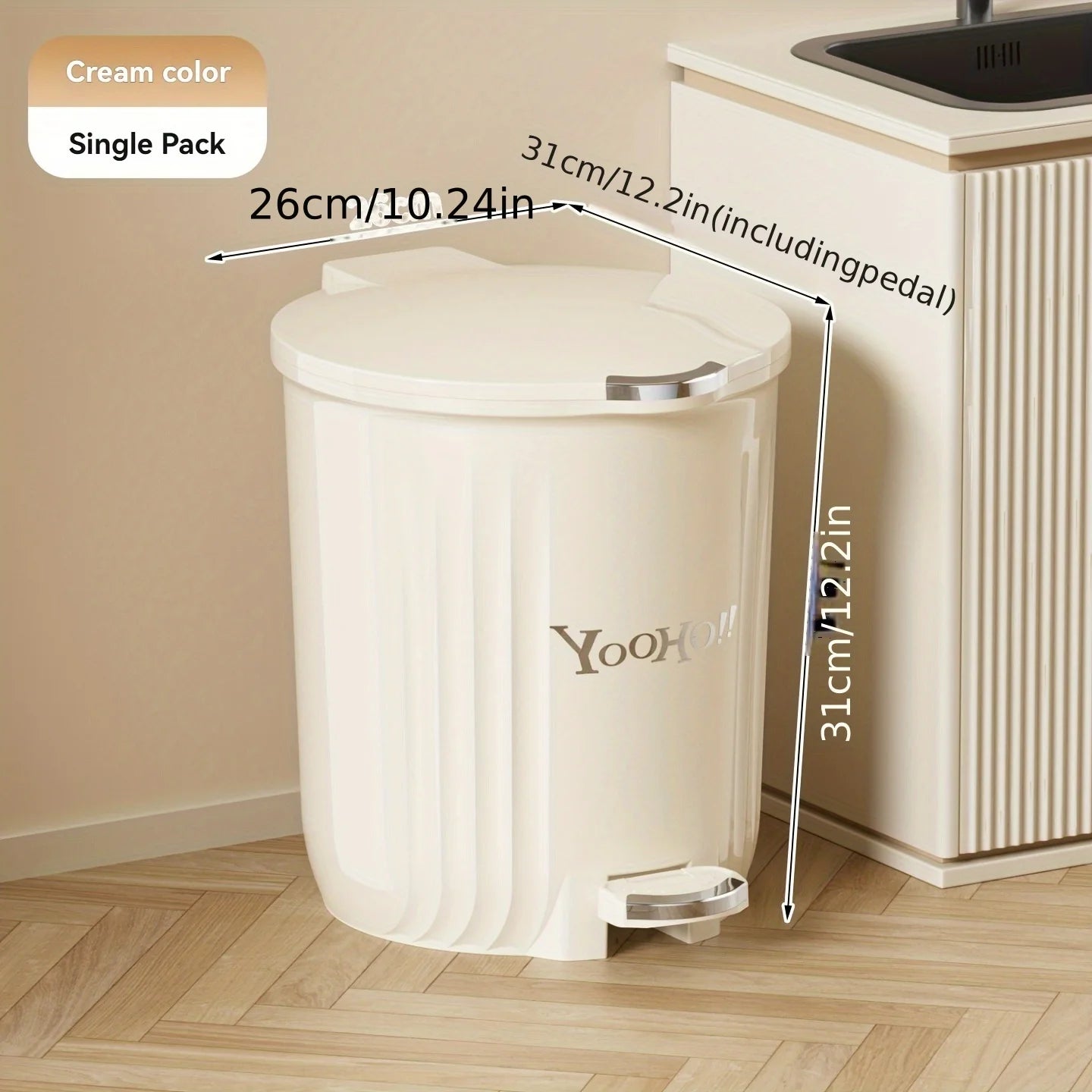1Pcs Large-Capacity round Foot Pedal Trash Can Lidded Waterproof Waste Bin in Cream & Blue for Office Kitchen Bathroom Oasis Select White