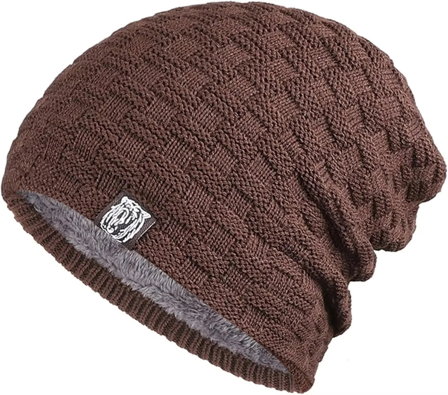 Mens Plush Lining Beanie Winter Hat Outdoor Sports Keep Warm Knitted Skully Hat Cycling Camping Cap Cold Weather Gear Oasis Select brown