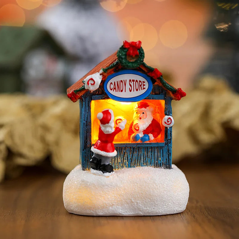 Christmas Snowman Luminous Decoration Resin Santa Claus Shop Micro Landscape Ornaments Christmas LED House Pine Needles Snow Oasis Select C