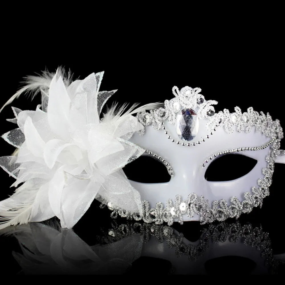 Dance Party Diamond Venetian Mask Feather Flower Wedding Carnival Performance Costume Sexy Lady Mask Masquerade Christmas Oasis Select White