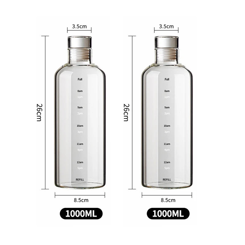 2pcs 300-1000ml Clear Glass Water Bottle Large Capacity with Time Marker Cover for Water Drink Outdoor Portable Milk Juice Cup Oasis Select 1000ml-2PCS 300-1000ml