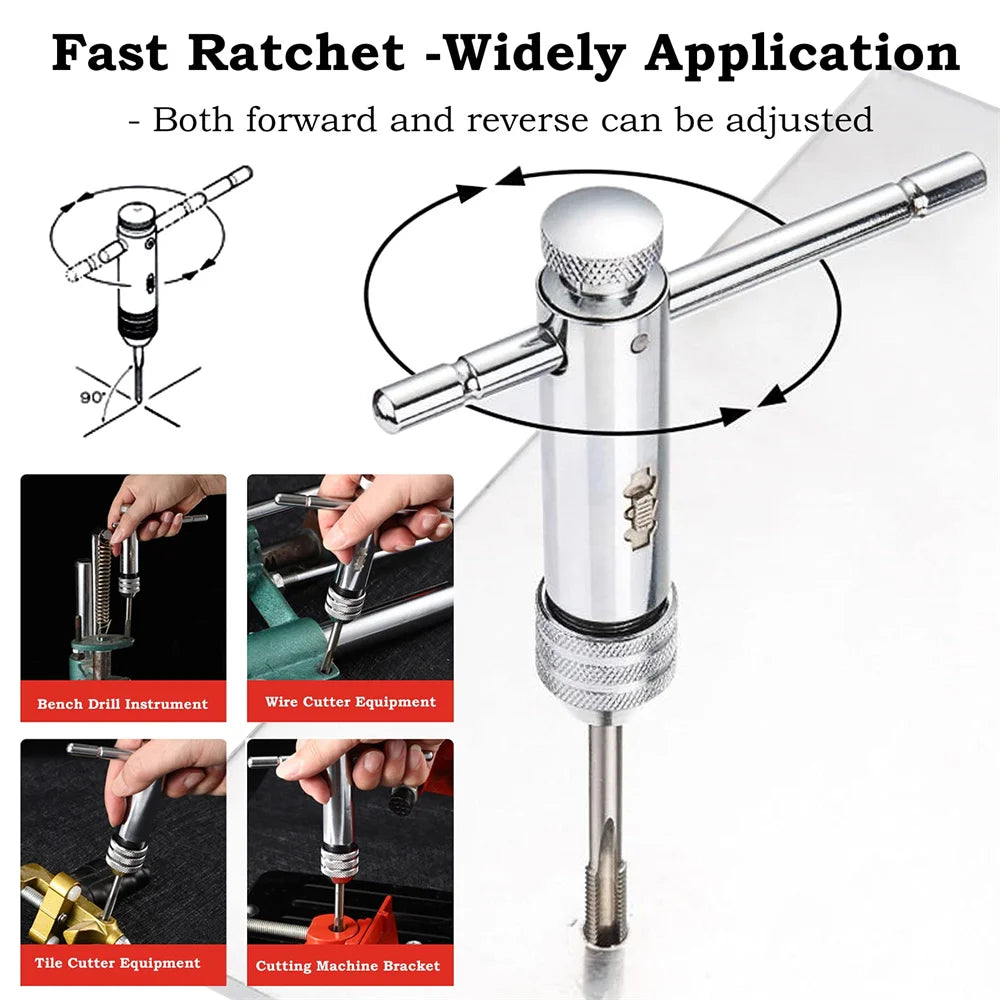 Adjustable Silver T-Handle Ratchet Tap Holder Wrench Set Hand Tools with 5pc M3-M8 Machine Screw Thread Metric Plug T-shaped Tap Oasis Select