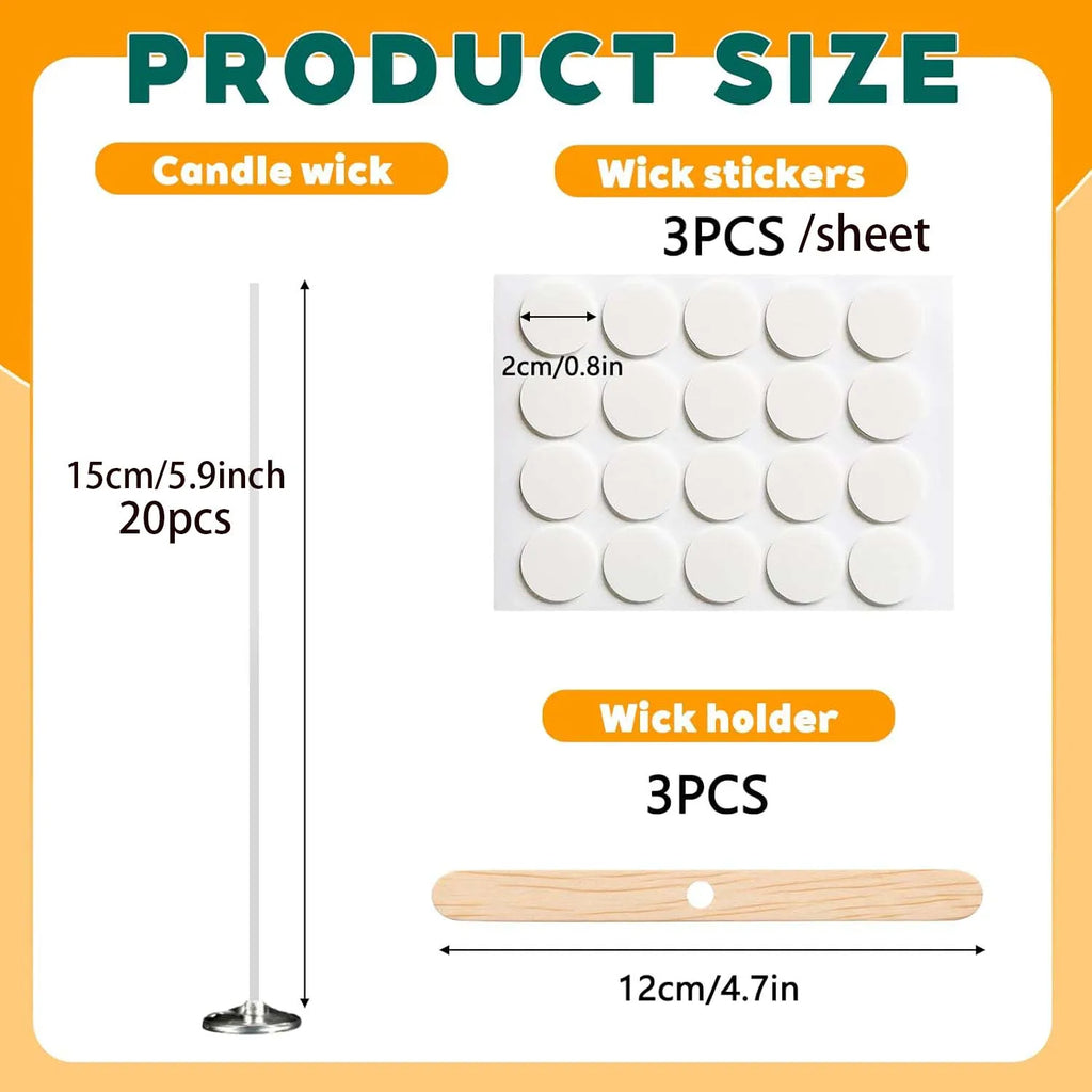 20Pcs Candle Wicks for Making Candles 15cm Metal Tabs Includes 3pcs Wick Holders & 60pcs Glue Dots, for Home DIY Candles