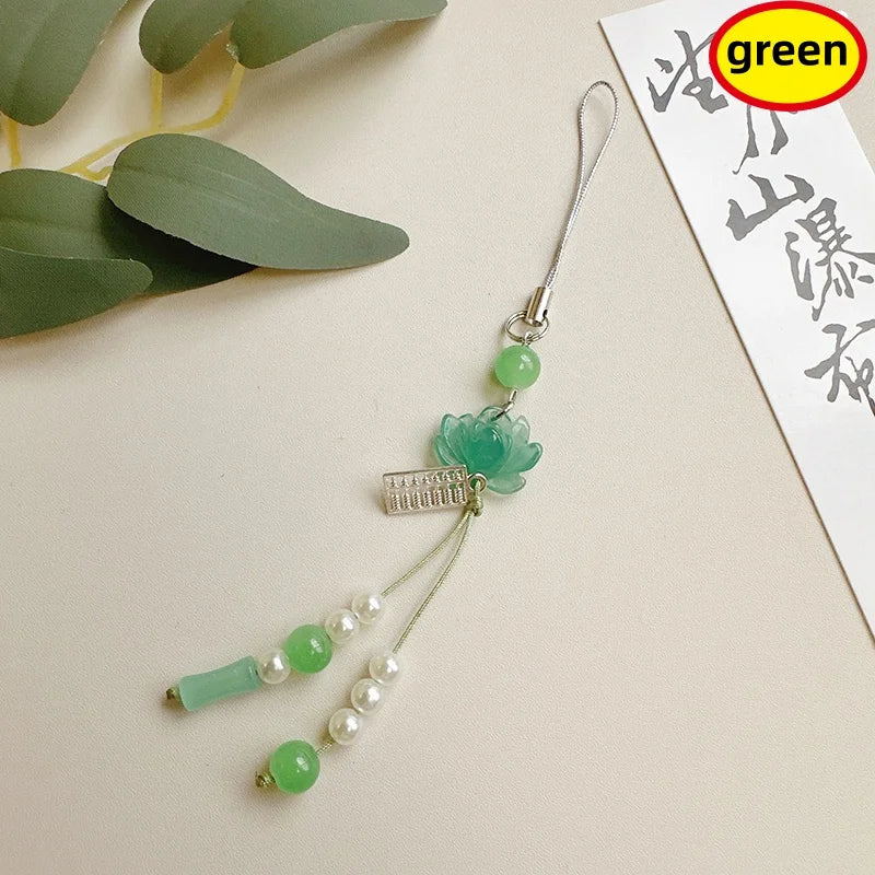 Daily Use Exquisite Phone Chain Decoration Lotuses Flower Pendant Keyring Handmade Beaded Cellphone Accessory Oasis Select green