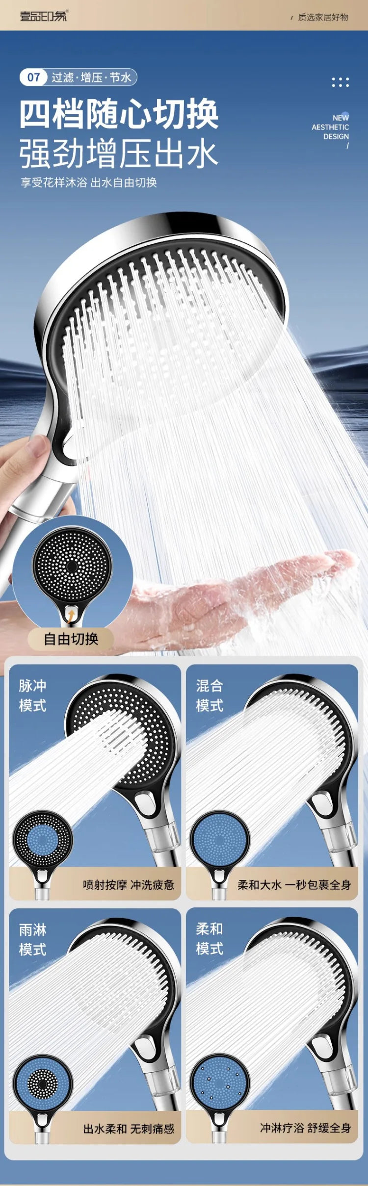 New High Pressure 13CM Shower Head Black 4 Modes Water Saving Spray Nozzle Massage Rainfall Filter Shower Bathroom Accessories Oasis Select
