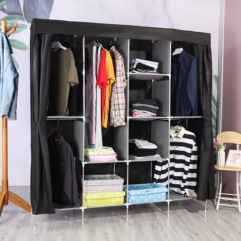 Cloth wardrobe steel pipe bold reinforcement zipper fully enclosed single dormitory wardrobe non-woven wardrobe Durable Oasis Select Black