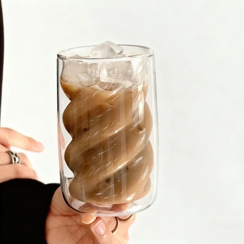 Double Wall Spiral High Borosilicate Glass Tumbler with Straw, Heat Resistant Anti-scald Reusable Cup for Iced Coffee Milk Juice Oasis Select