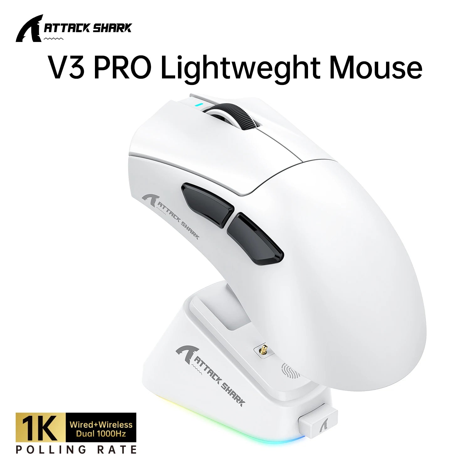 ATTACK SHARK V3Pro Wireless Gaming Mouse Tri-Mode 2.4G/BT/Wired PAW3311 25000DPI 65g Lightweight Magnetic RGB Charging Dock Oasis Select ATS-V3pro White
