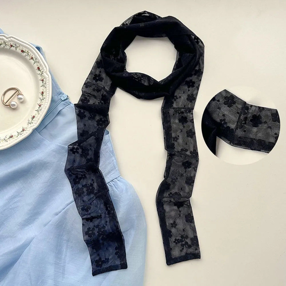 French Style Lace Long Scarf Dots Flower Elegent Hair Band Neckerchief Multi-functional Dressing Decoration Neck Strap Women Oasis Select 4-Black