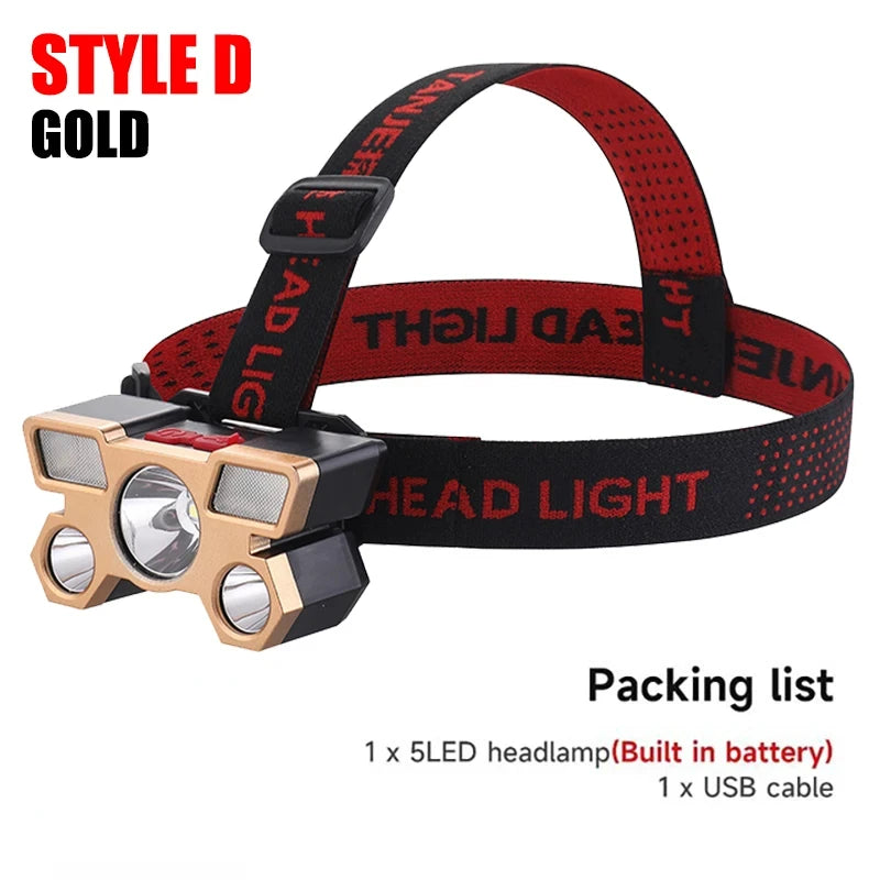 KDULIT 5LED Headlamp Strong Light Head Lamp USB Rechargeable Headlight Built-in 18650 Battery Fishing Flashlight Outdoor Lantern Oasis Select Style D