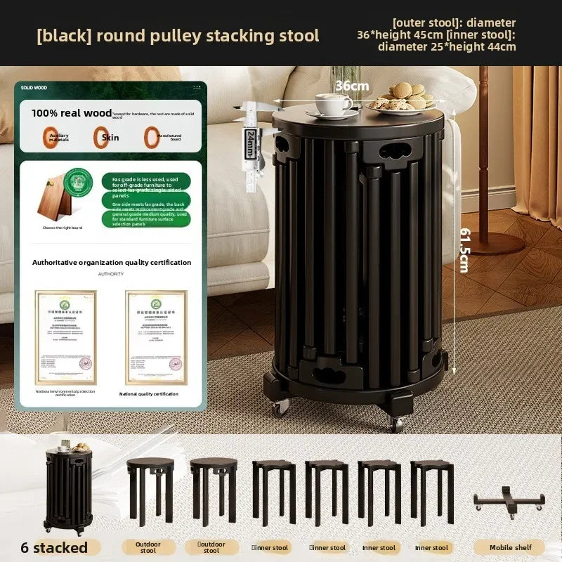 Household stools can be stacked solid wood round stools stacked low stools with pulleys wooden stools sturdy and durable Oasis Select Black-6A