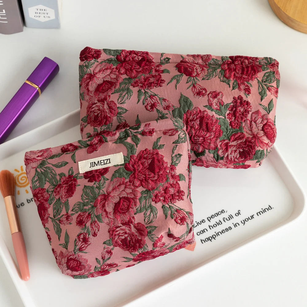 1pc Vintage Red Rose Makeup Bag Rose Pattern Makeup Bag Makeup Storage Bag Cute Daily Washing Bag Oasis Select