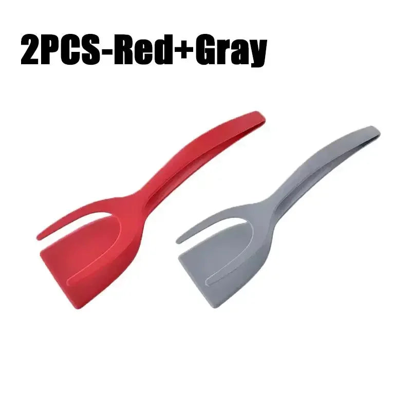 2 in 1 Shovel Clip Silicone Grip Flip Tongs Egg Steak Spatula Tongs Clamp Pancake Fried Turners Cooking Tool Kitchen Accessories Oasis Select 2PCS-Gray-Red