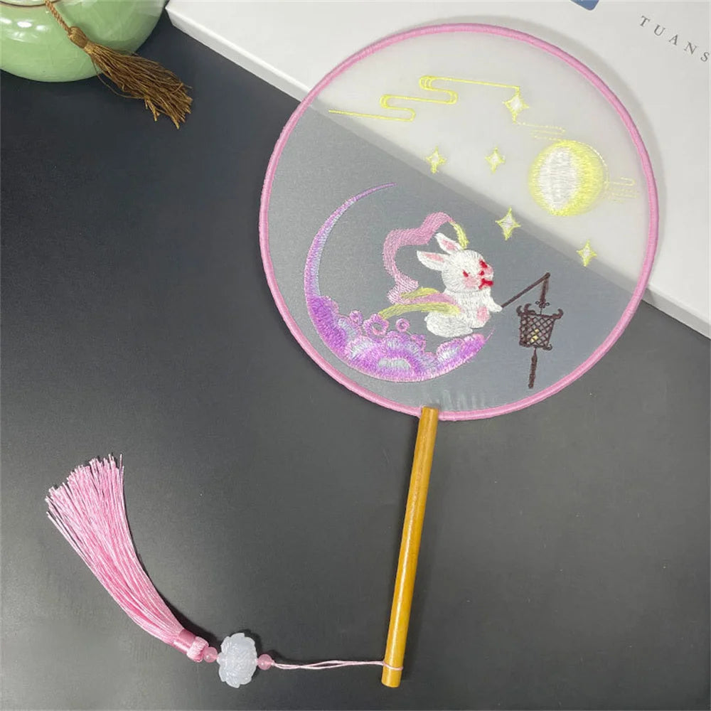 Round Double Sided Embroidery Fan Chinese Style Wooden Handle Embroidery Round Fan with Pendant Handheld Flower Silk Fan Oasis Select Style 5