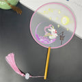 Round Double Sided Embroidery Fan Chinese Style Wooden Handle Embroidery Round Fan with Pendant Handheld Flower Silk Fan Oasis Select Style 5