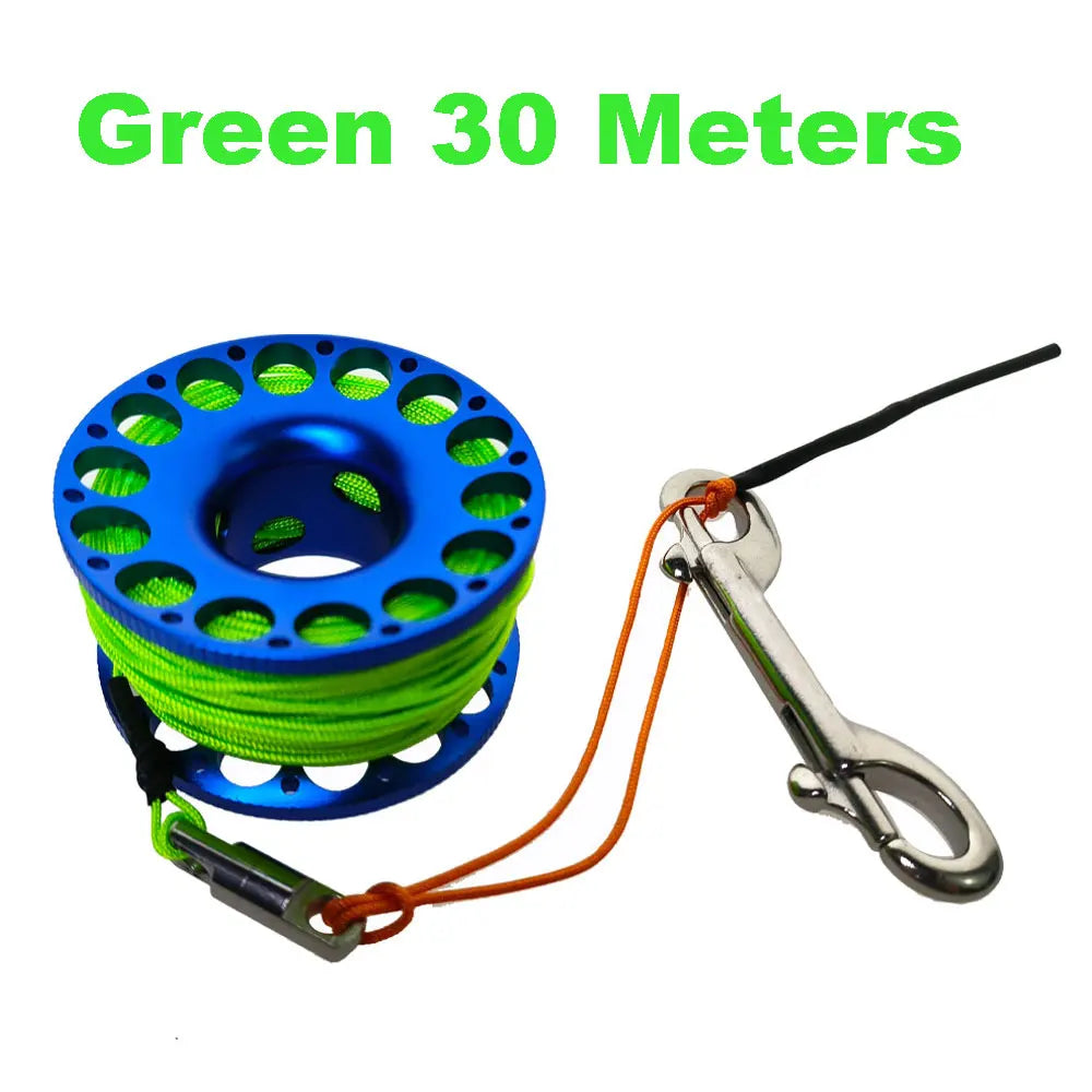 15M 20M 30M Scuba Diving Aluminum Alloy Spool Finger Reel with Stainless Steel double ended hook SMB Equipment Cave Dive Oasis Select Green Line 30M