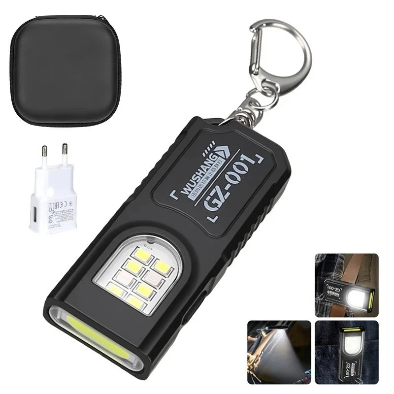 Multifunctional LED Flashlight Keychain Rechargeable Mini Torch with COB Work Light Keyring Torch Camping Walking Pocket Lamp Oasis Select 1PCS-EU-Bag
