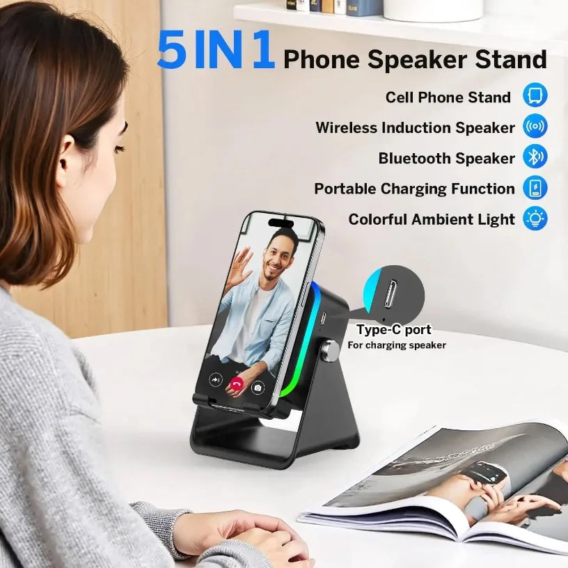 NEW 5 In 1 Auto-induction Wireless Induction Speaker Portable Bluetooth Phone Holder 8 Mode RGB Light Phone Stand Surround Sound Oasis Select
