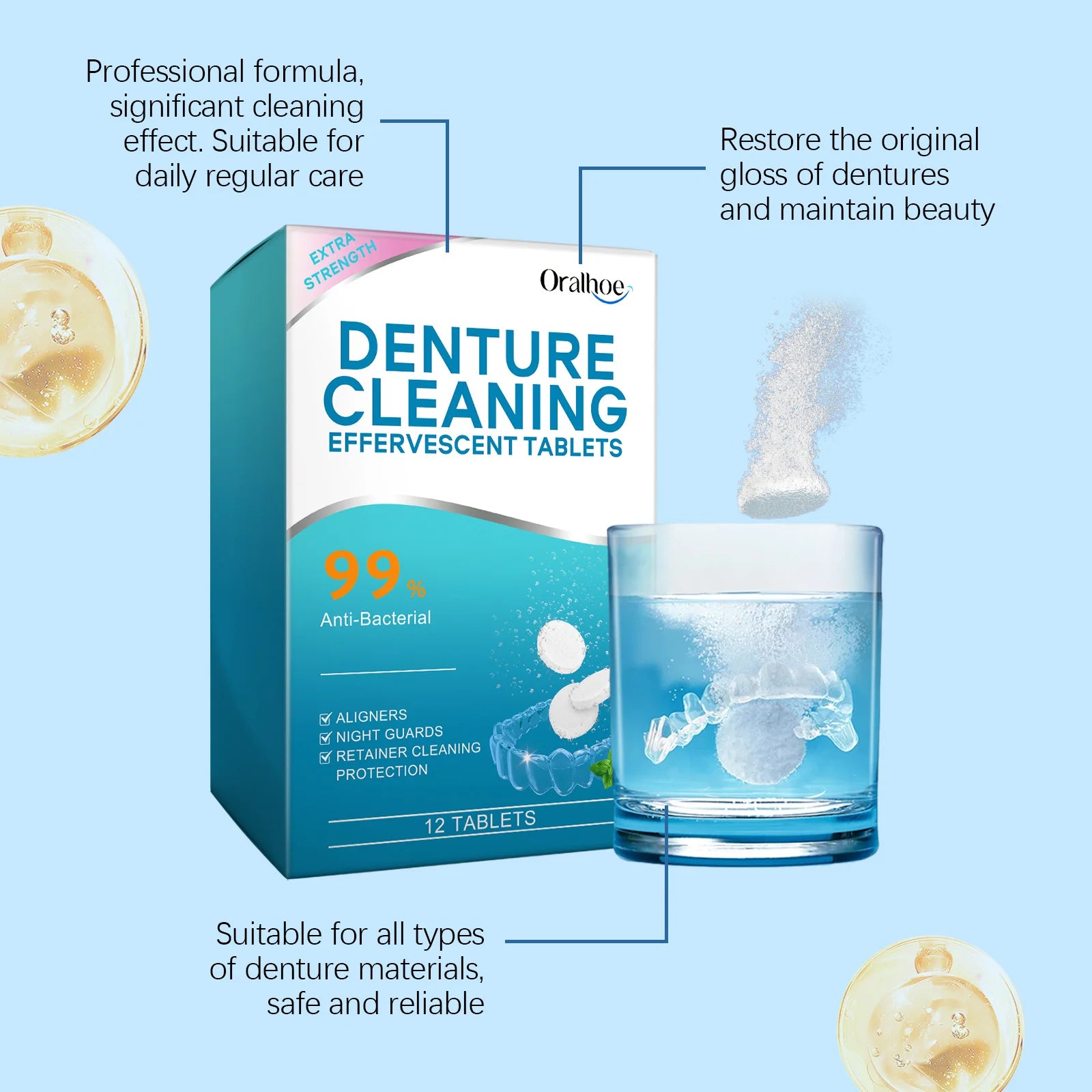 Denture Cleaning Tablets Whitening Removing Stains Plaque Fresh Breath Antibacterial Portable False Teeth Effervescent Pills Oasis Select