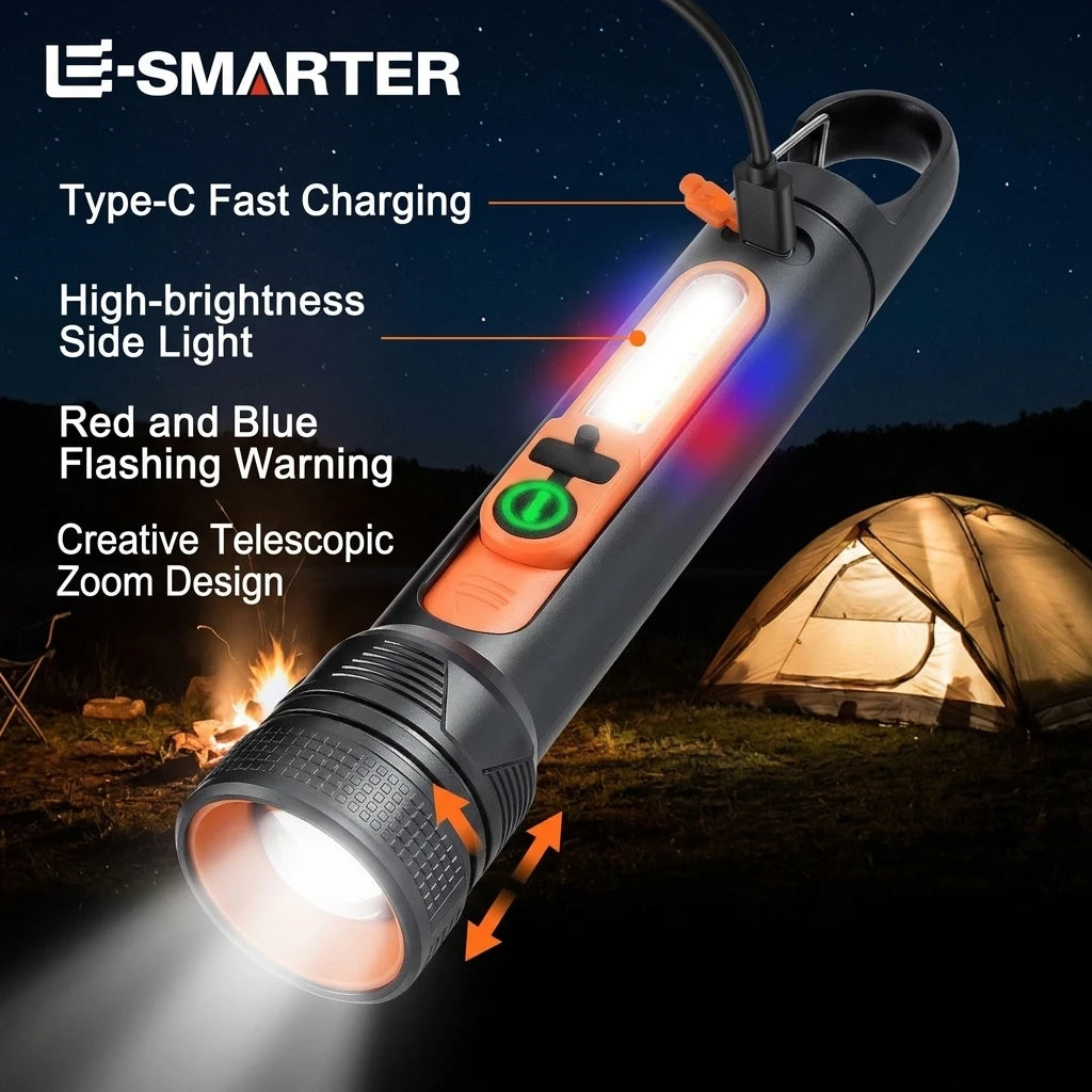 Multi-Functional Handheld Torch Zoomable Design Long-Range Flashlight with Side Lamp Hook and Flexible Wide Beam for Outdoor Oasis Select