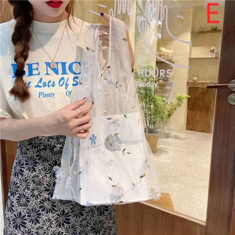 Mesh Embroidered Tote Bag with Colorful Flowers Perfect for Travel Home and Grocery Use Oasis Select E