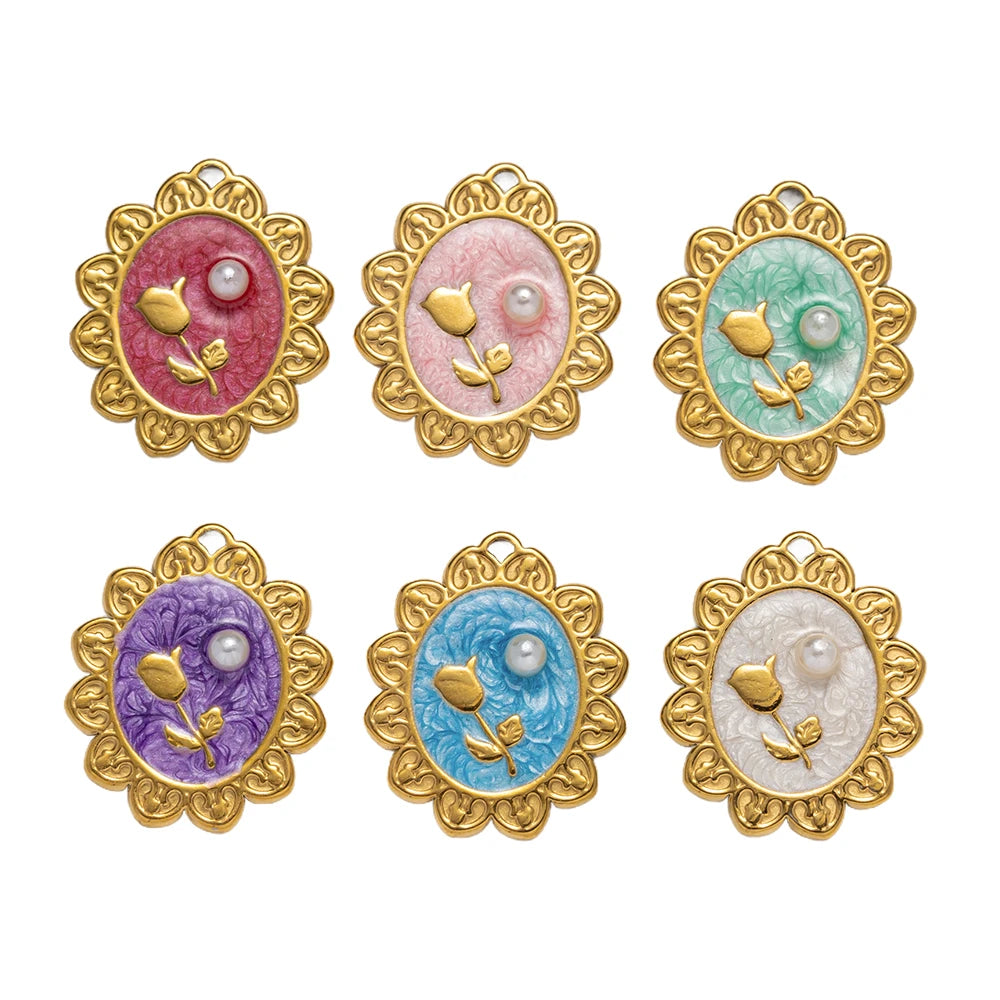 5pcs Stainless Steel Enamel Flower Pearl Bead Charms Earring Pendant for DIY Necklace Bracelet Jewelry Making and Crafting Oasis Select