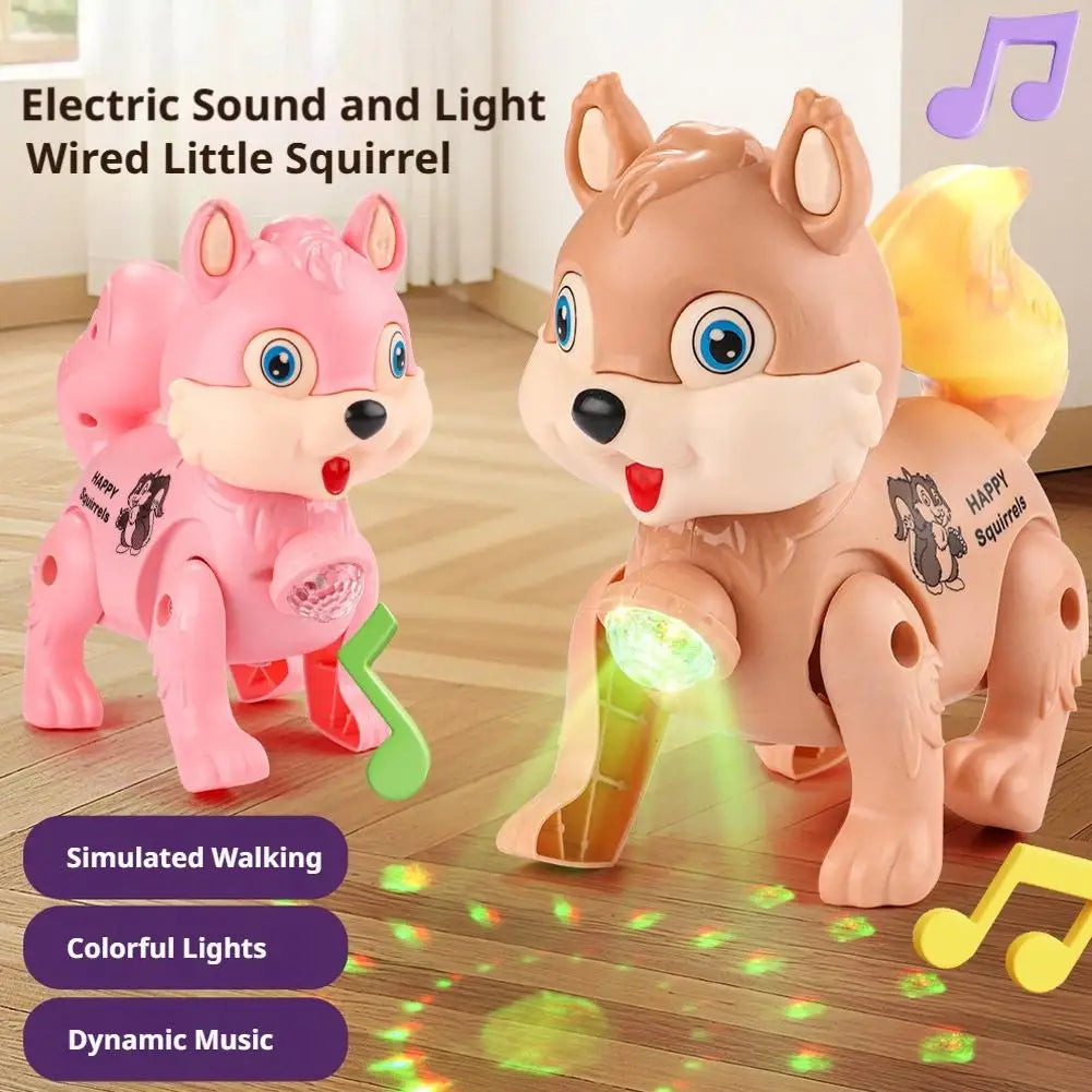 Cute Electric Squirrel Walking Toy with Pulling Leash Flashing Led Light Dynamic Music Interactive Sensory Toy for Kids Oasis Select