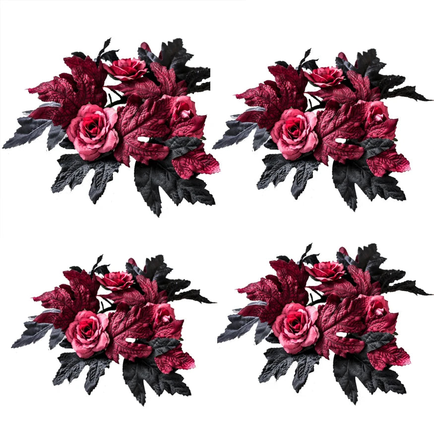 Halloween Artificial Rose Flowers Red&Black Silk Fake Maple Leaves Candlestick Wreath for Home Party Dining Table Candle Holders Oasis Select
