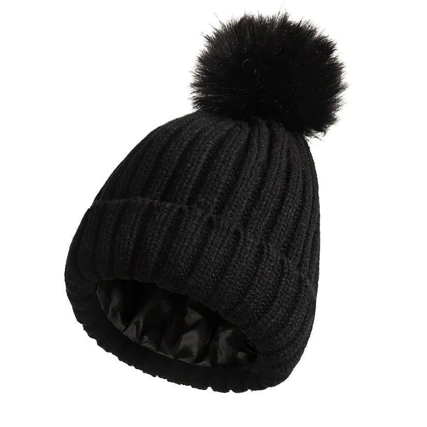 Adult soft knitted hat with no brim, reverse mouth hat, satin lining, wool ball hat, warm knitted hat without label Oasis Select 1
