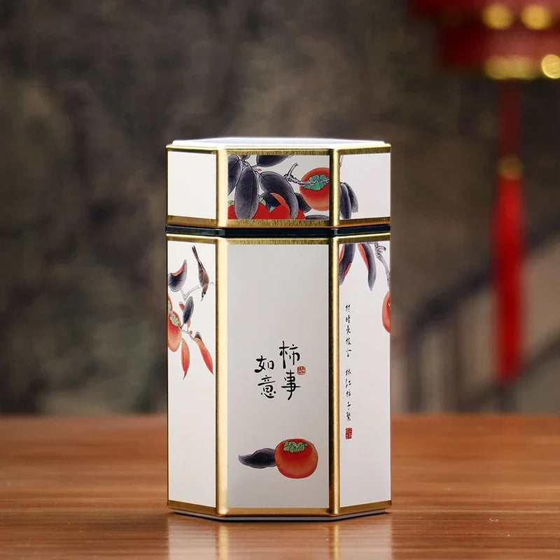 Creative Hexagonal Tea Pot Tin Can Chinese Tinplate Tea Storage Tank Small Sealed Portable Tea Box Empty Can Tea Set Accessories Oasis Select StyleCL
