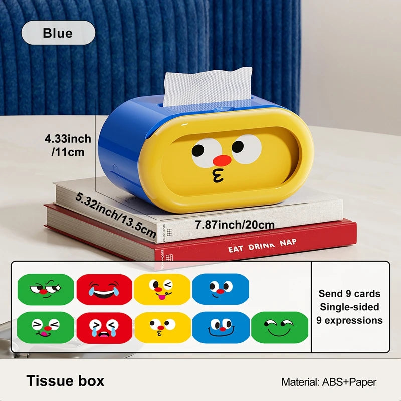 Creative tissue box cover, interchangeable expression pattern tissue storage box, pull-out tissue dispenser, tissue box holder Oasis Select Blue