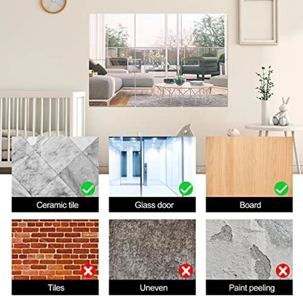 Flexible mirror tiles with protective backing for creating visual space expansion on walls and doors in homes and offices Oasis Select