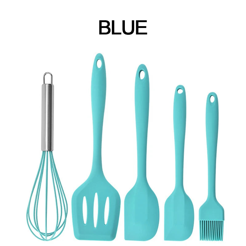 Silicone Kitchenware Cooking Utensils Set Non-stick Cookware Spatula Shovel Egg Beaters Wooden Handle Kitchen Cooking Tool Set Oasis Select BLUE